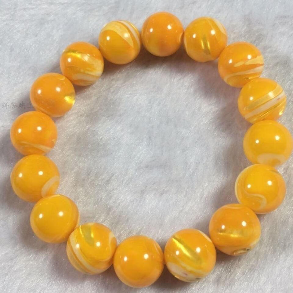 辉客映上 金丝贝手串女款单圈圆珠太极纹极光贝黄色金丝贝壳手链气质