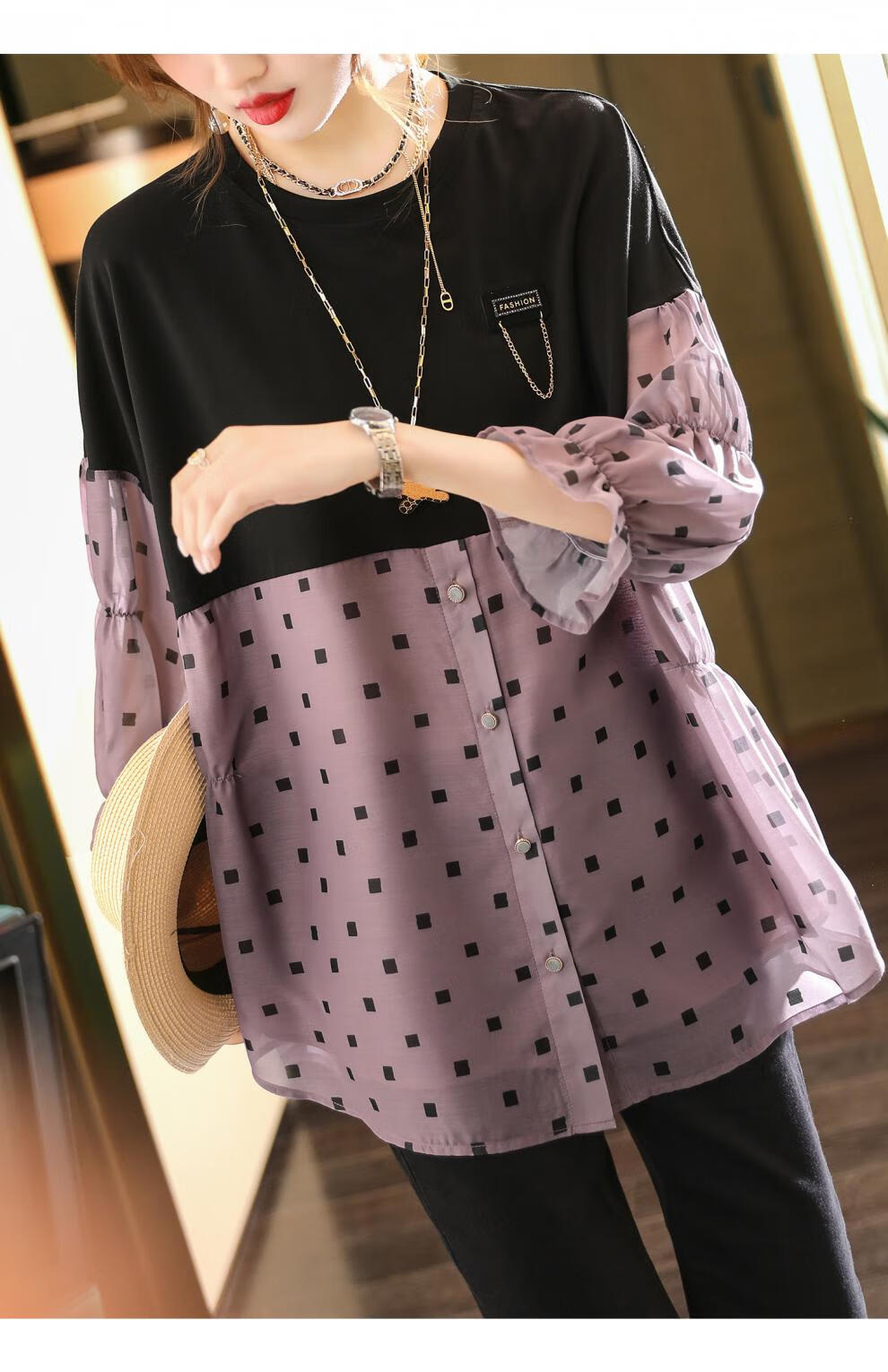 颜甸新款波点印花撞色雪纺衫宽松女装夏雾霾紫色m95110斤