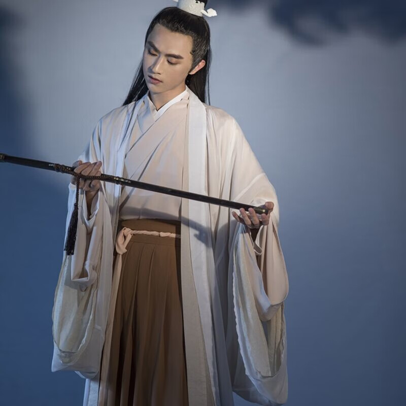 男古风中国风广袖交领长袍男士仙气侠客书生夏款古装 咖啡色 三件套