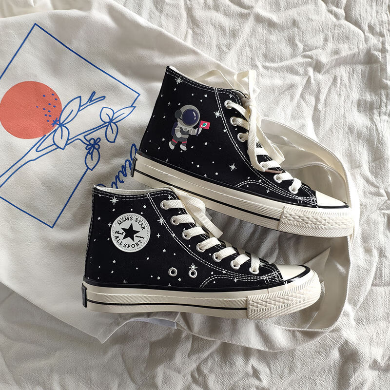 超火新款2020同款宇航员印花涂鸦黑色高帮帆布鞋女学生潮鞋潮流韩版