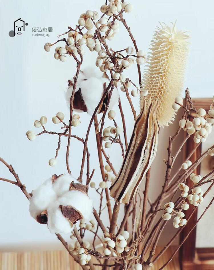 北欧风小白果秋葵棉花干花花束花瓶搭配芦苇桌面摆件 艾风格 6个装灰
