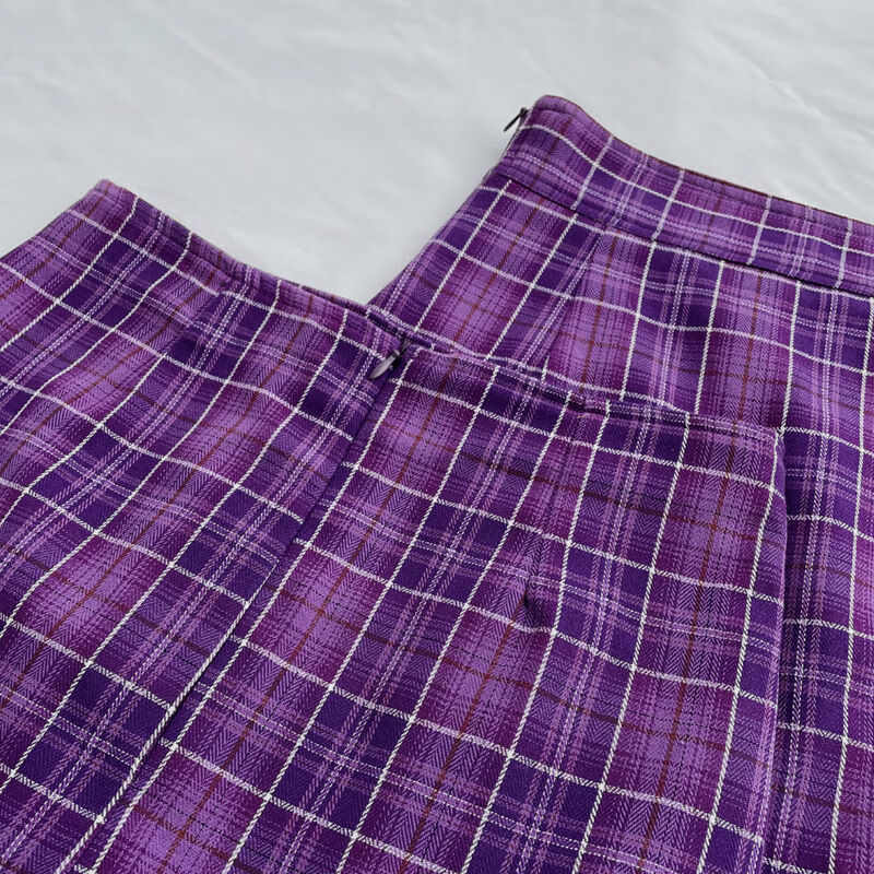 今年流行的秋季新款紫色双开叉小心机性感复古格子女半身裙高腰显瘦字