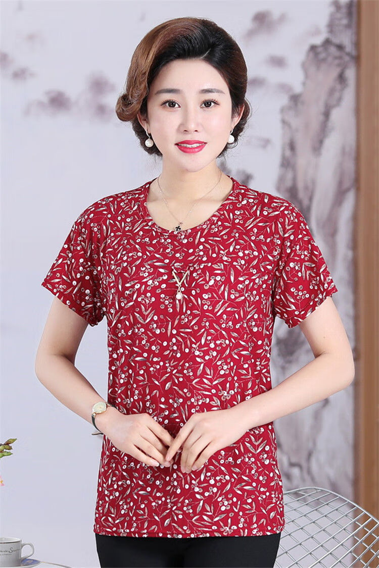 夏季妈妈短袖女中老年t恤女妈妈装上衣大码中老年花色短袖女 橘红