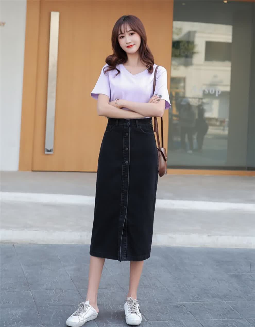 牛仔长裙下半身半身裙女单排扣修身高腰中长款包臀开叉一步紧身牛仔蓝