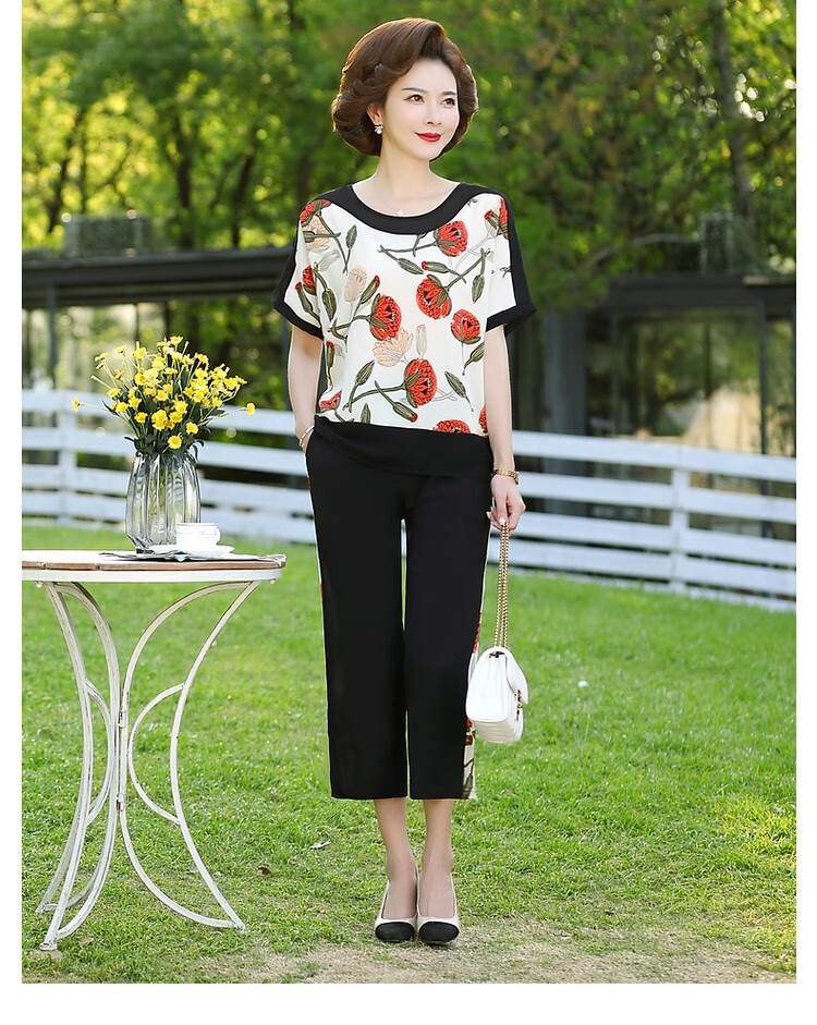 QIUFULUO Mom's Summer Loose Stylish Outfit Set, Middle-Aged And Elderly Women's High-End Clothing for Ages 50-80, Breathable Casual Wear 17