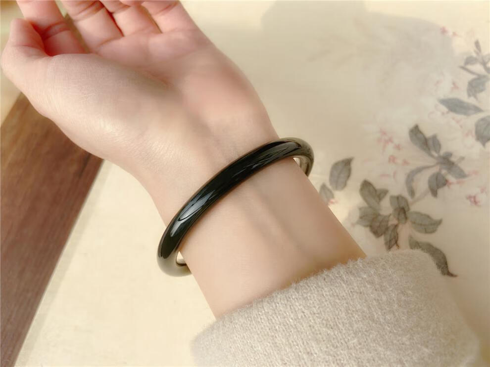 老品牌·凤祥同款和田玉墨玉手镯 黑青玉手镯窄条文艺精品细料 内径59