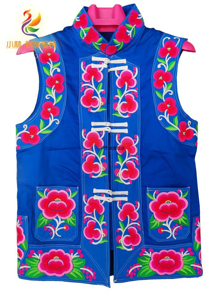 彝族服装男大凉山楚雄牟定左脚舞蓝色绣花马甲女款三月会火把节特色