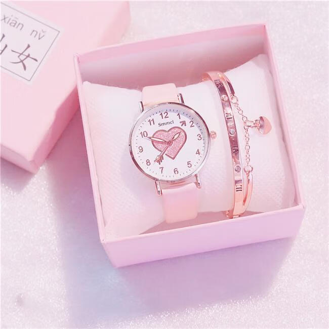 慧润手表ins樱花粉女学生韩版简约少女闺蜜可爱新款心形夜光蓝带手表