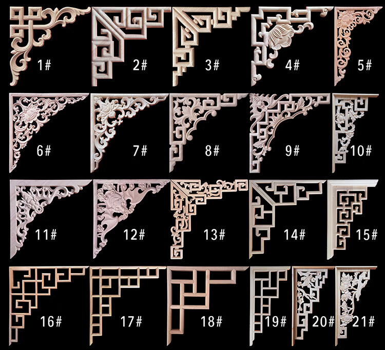 东阳木雕花欧式角花中式仿古装修线条吊顶枪角镂空贴花格梁托15050cm