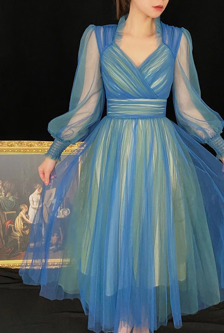 商场同款高档轻奢春季法式仙女裙长裙复古气质网纱v领泡泡袖孔雀蓝