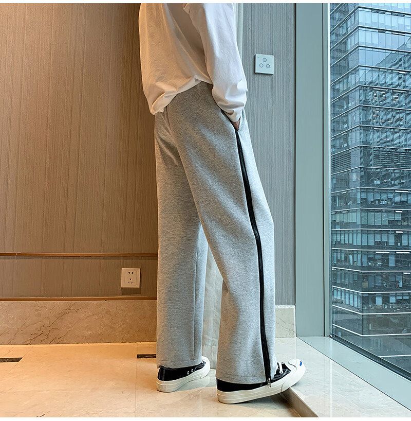 侧开口运动裤两侧拉链秋季新款灰色男宽松直筒侧面阔腿裤子韩版潮流