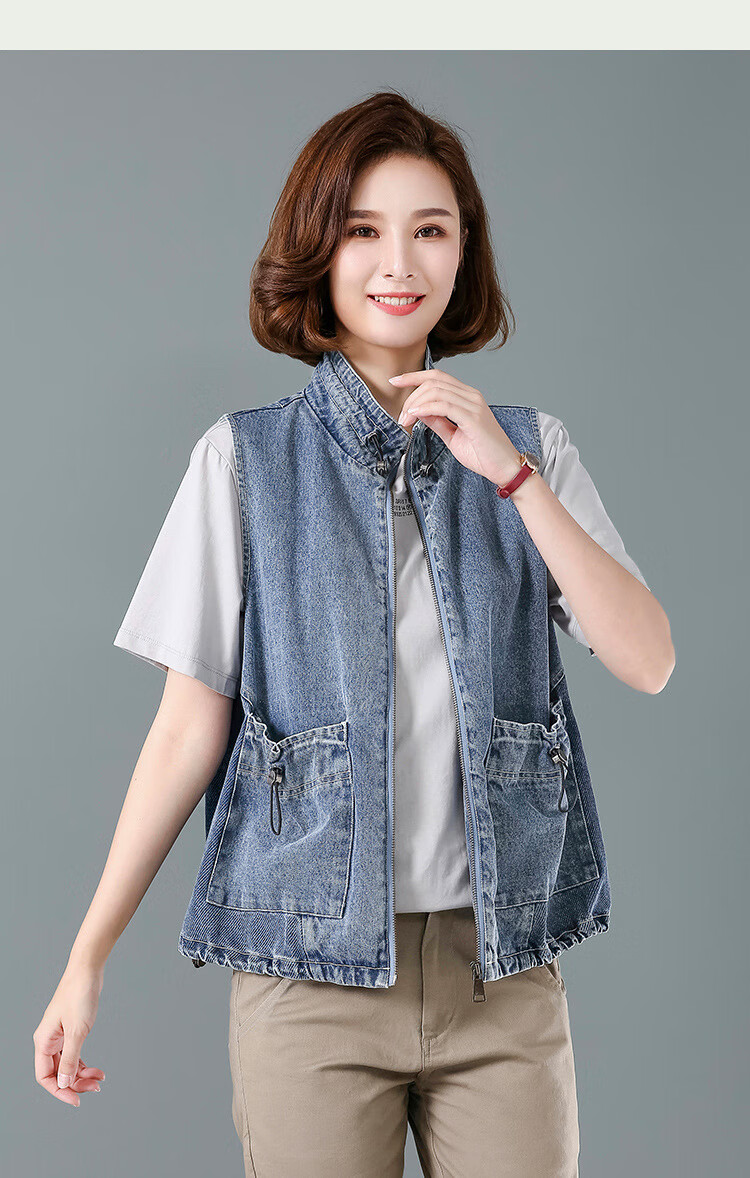 纯棉马甲女2020早秋新款牛仔短款抽绳立领外穿大码舒适透气简洁时尚