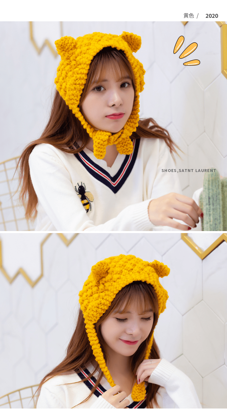 软萌毛线帽女韩版潮秋女冬天保暖厚耳罩护耳包帽子耳朵卡其均码5558cm