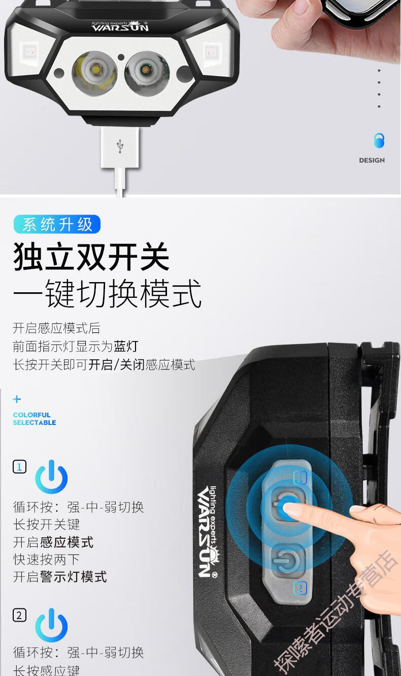 沃尔森感应头灯强光充电超亮led头戴式手电筒帽夜钓钓鱼灯户外防水
