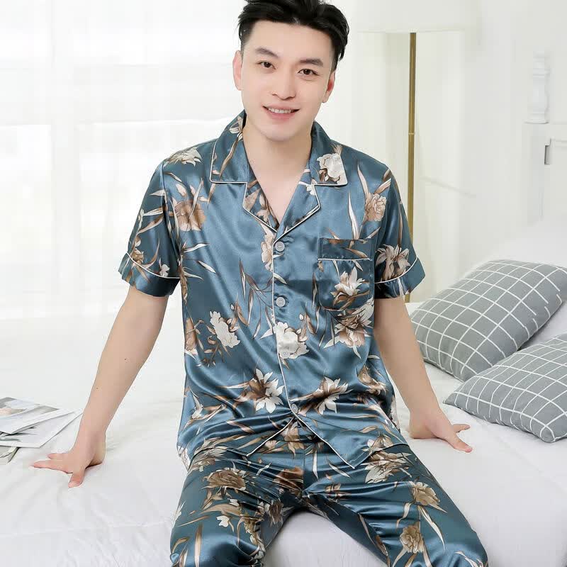 曼纳罗莱睡衣男夏季薄款短袖冰丝印花春秋天加大码男士仿真丝绸家居服