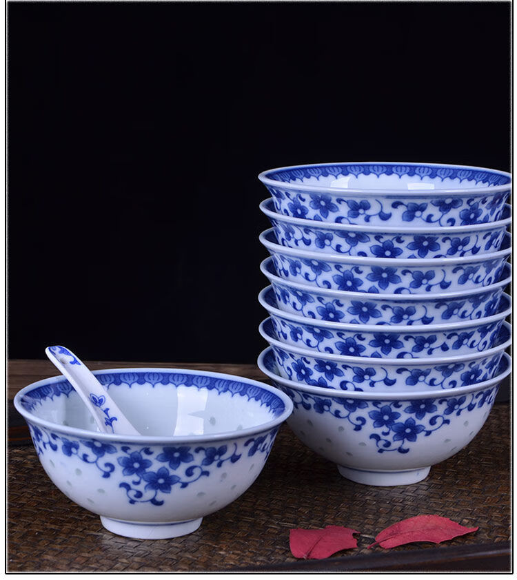 景德镇青花瓷碗陶瓷饭碗中式复古老式怀旧家用套装10个玲珑碗 牡丹花