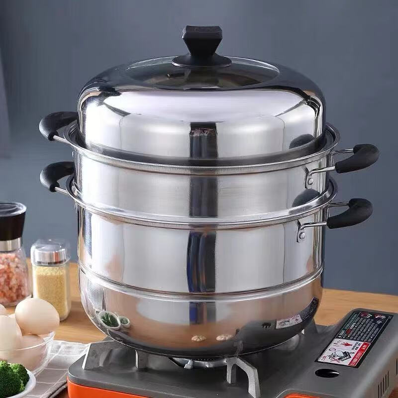不锈钢蒸锅三层复合底特厚三双蒸馒头家用笼格煤气锅三层蒸锅特厚复底