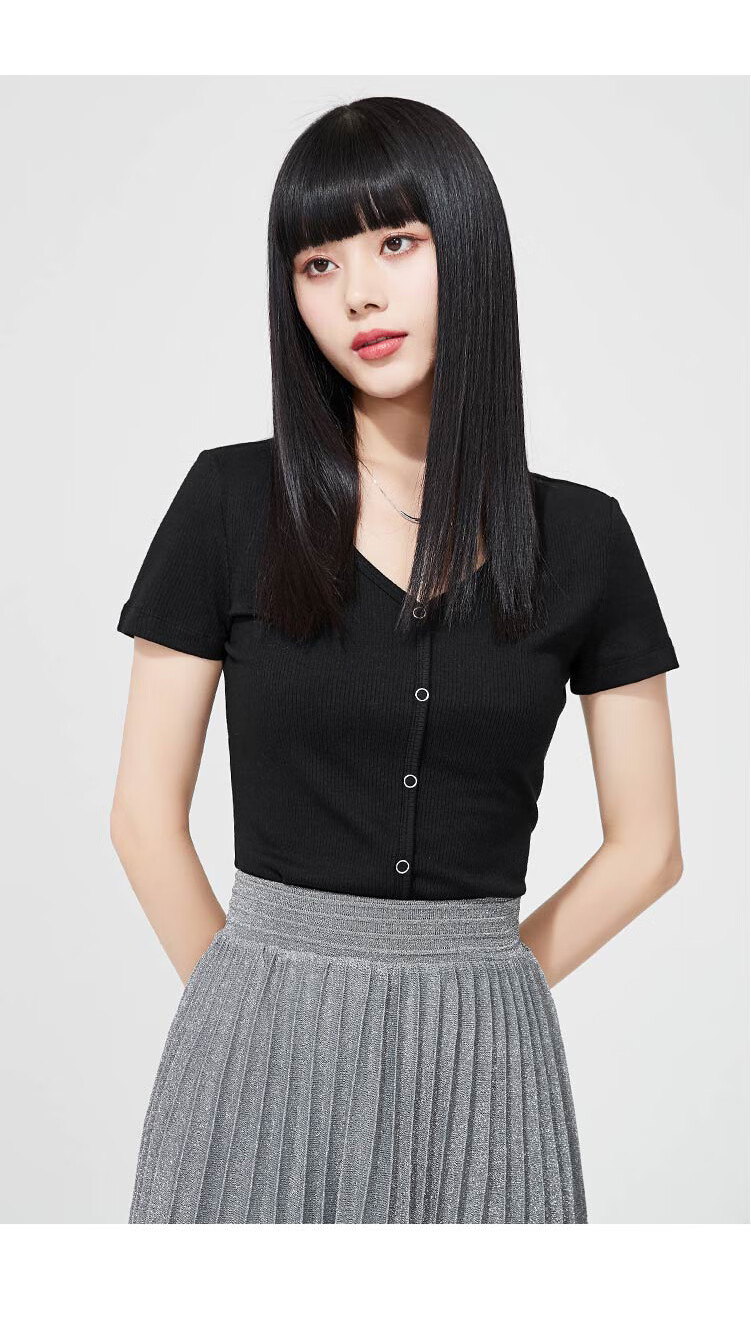 逸阳2022夏季新款v领t恤女针织短袖修身纯色打底上衣6602蓝色s