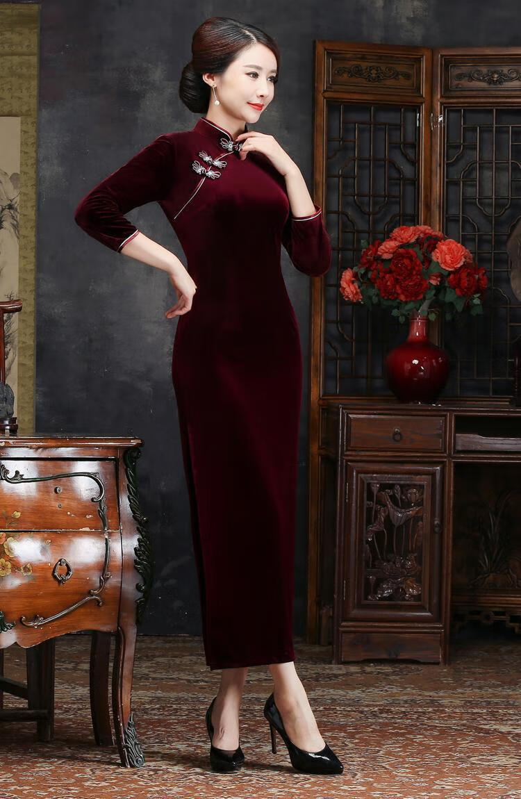 旗袍高档旗袍加绒加厚保暖冬季中国风妈妈演出走秀金丝绒旗袍裙 加绒