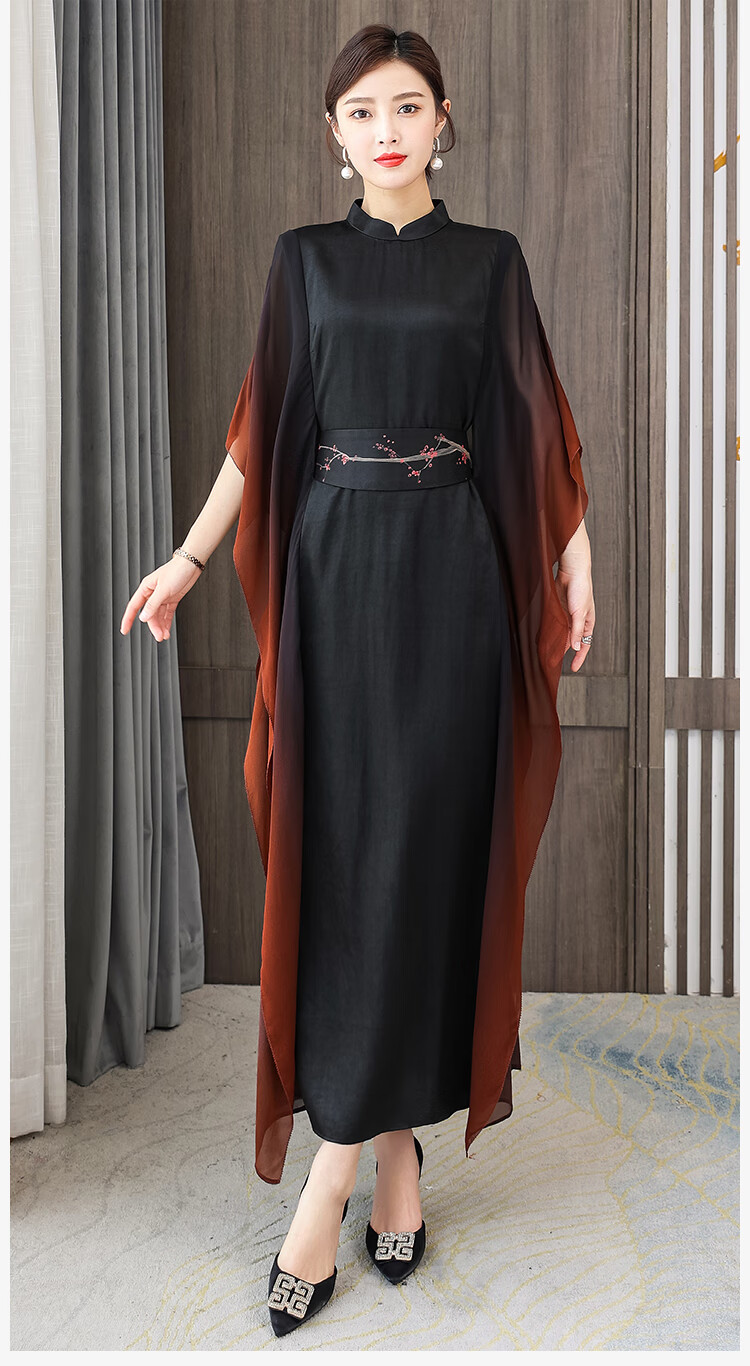 小个子桑蚕丝连衣裙夏高档真丝季女装高端气质年轻款旗袍黑色2xl