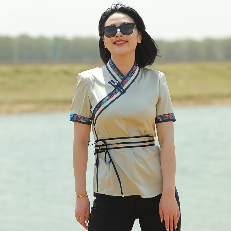 成人夏季日常蒙古族服装蒙古袍女夏蒙古女族蒙古服饰女蒙古素短袖半袖