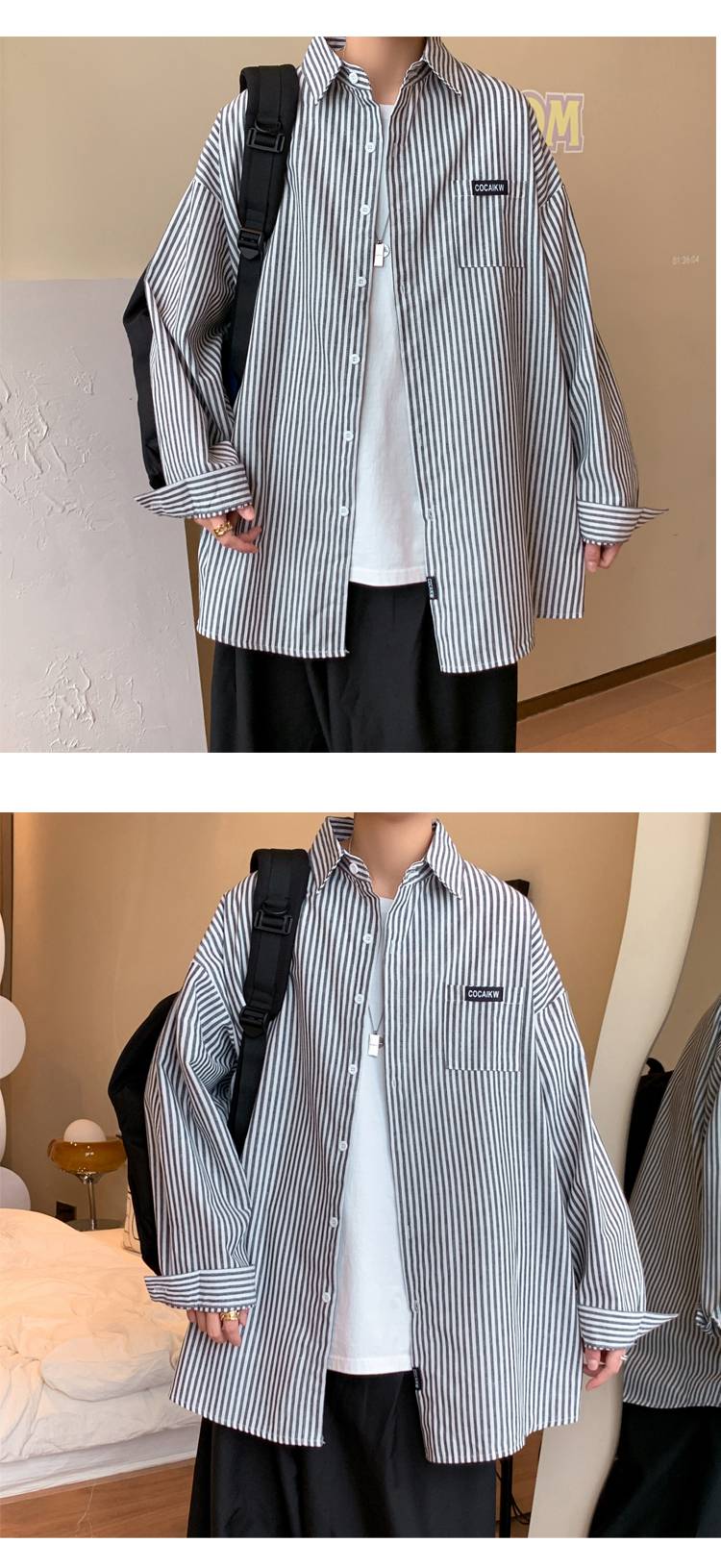 南极人日系复古条纹长袖衬衫男宽松休闲秋冬季小众外套