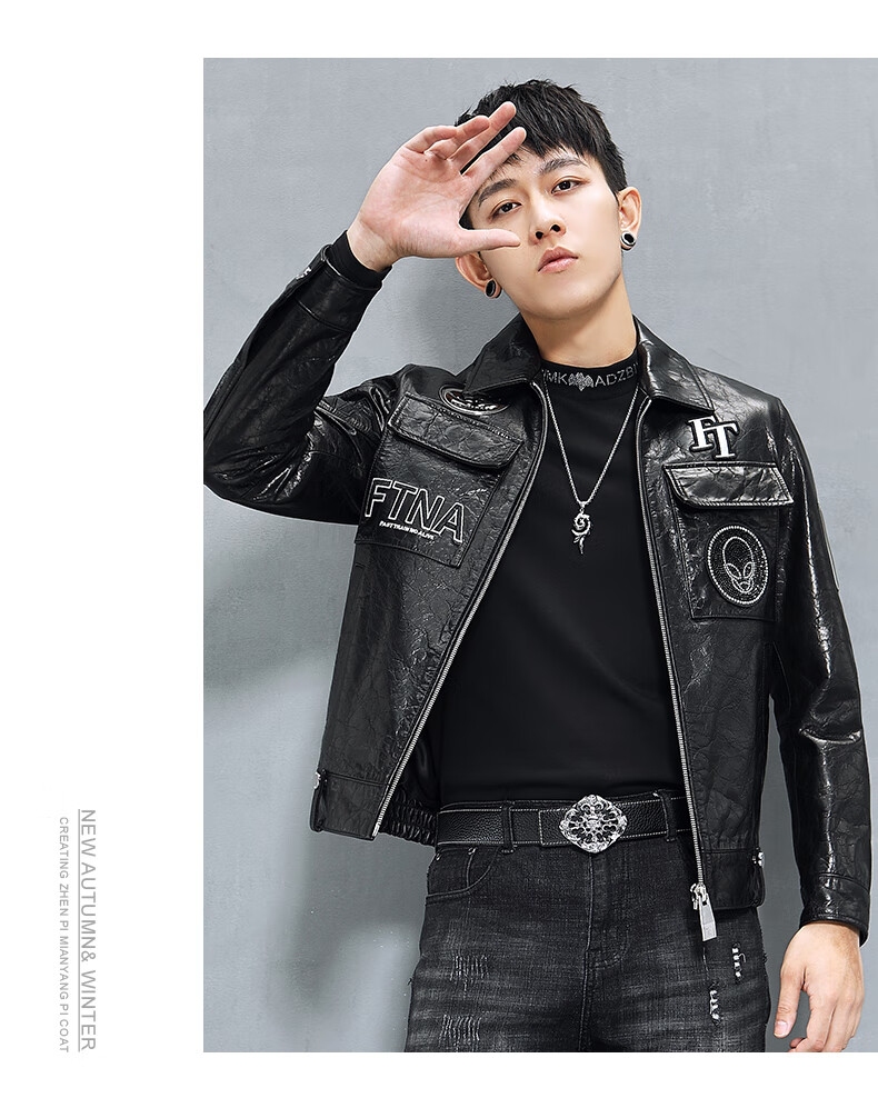 袋鼠新款头层牛皮油蜡短款机车皮衣男真皮翻领铆钉男士皮夹克外星人潮