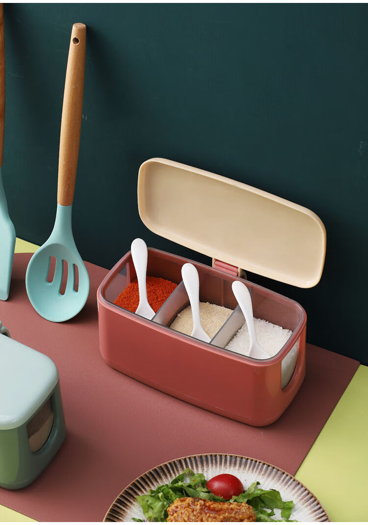调料盒一体多格 配勺子厨房调料盒四格一体盐味精盐罐家用佐料收纳调