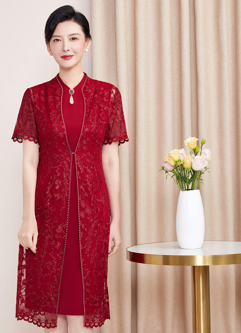 夏天喜婆婆婚宴时尚礼服夏装 连衣裙妈妈婚宴礼服喜婆婆婚宴装 红色 m