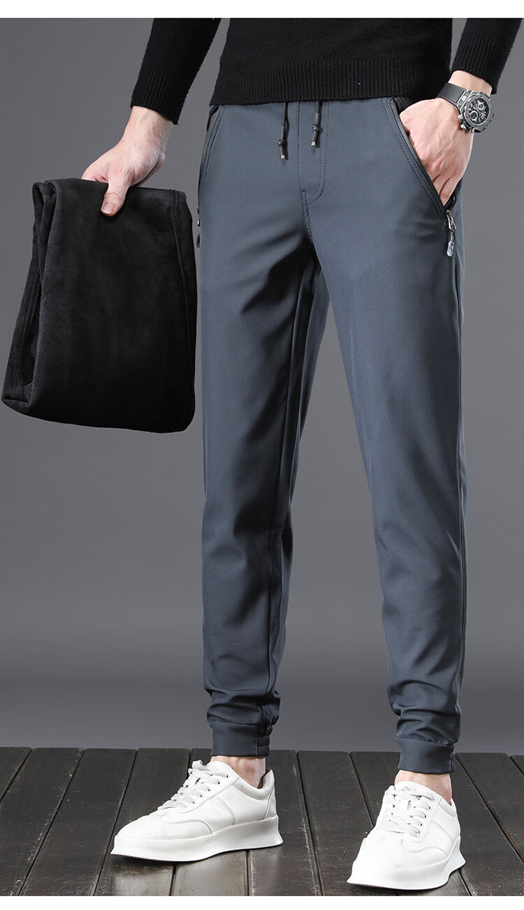 虎都男装2022秋季新品男士简约休闲裤直筒纯色男中青年系绳加绒裤子