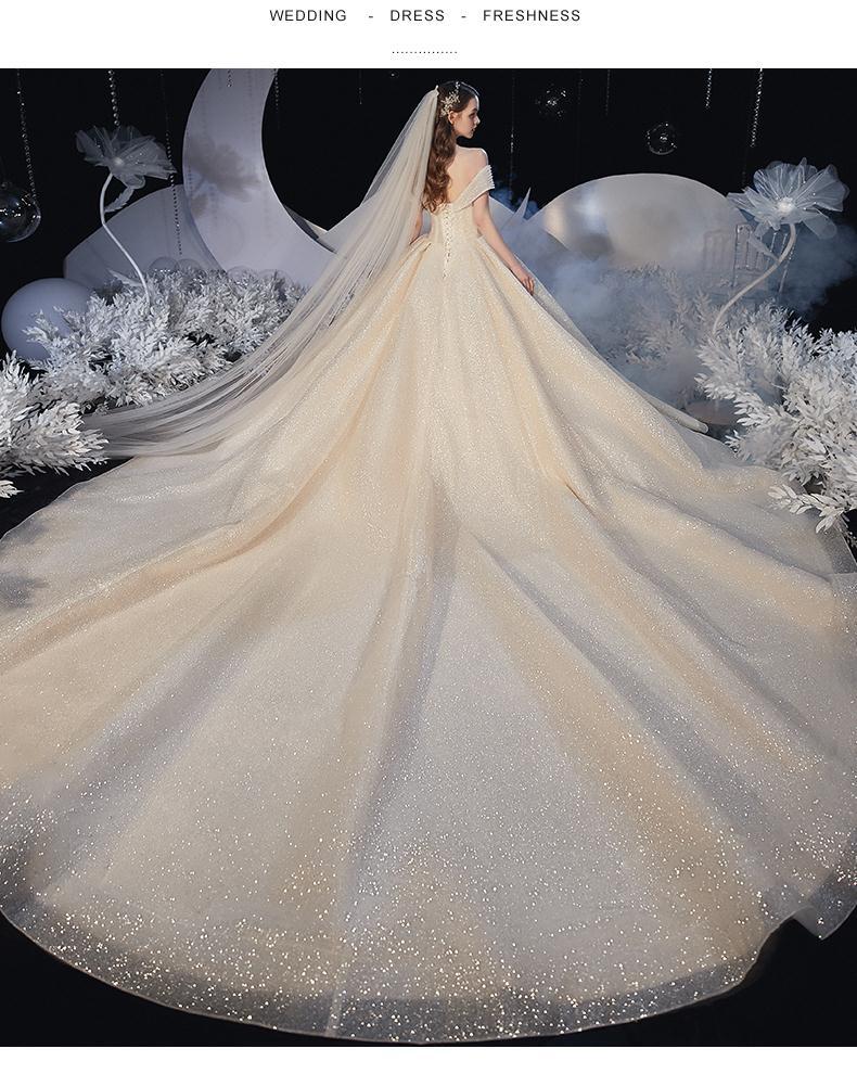 星空主婚纱礼服2022新款气质新娘一字肩拖尾礼服法式轻简约小个子l齐