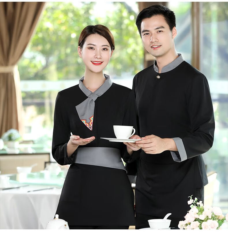 威普驰餐饮服务员工作服长女中餐厅店迎宾服装套装女 qf拼色飘领长女