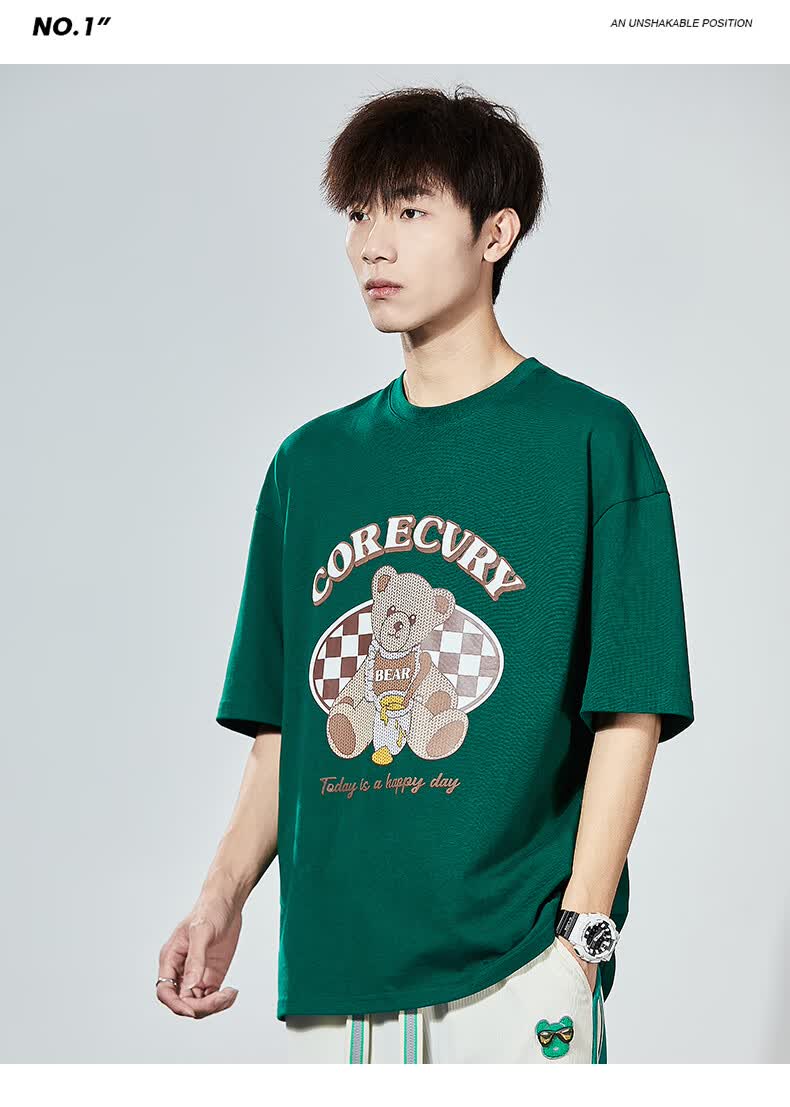 dvlv boss品牌意大利奢侈品男装卡通小熊t恤男夏季港风重磅纯棉短袖