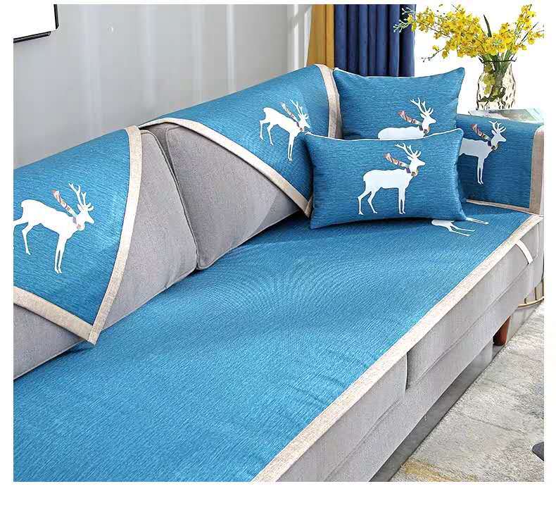 夏季沙发垫凉垫凉席夏天冰丝坐垫简约现代沙发巾套罩全盖夏花蓝色8080