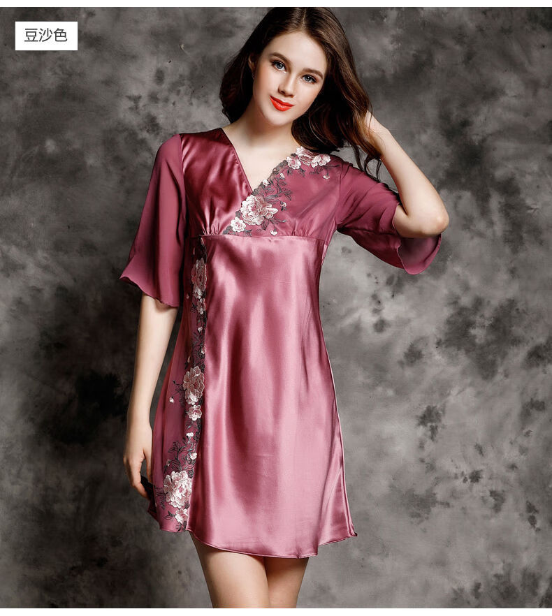 艺媛桑蚕丝睡衣女夏性感蕾丝绣花真丝睡裙短袖丝绸春秋家居服粉色2xl