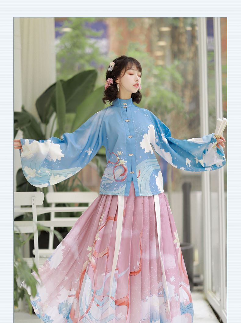 鼎毳貂明制汉服女原创中国风立领百褶裙日常春夏秋蓝衣红裙45米印花款