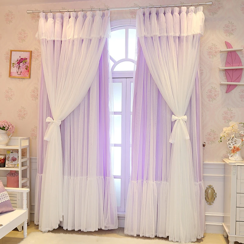 Three pieces 12% off! Net red curtain Korean princess style three-layer bow lace window screen pink girl heart bedroom living room blackout cloth purple 1.5 wide 2.8 high [cloth + yarn] perforated piece