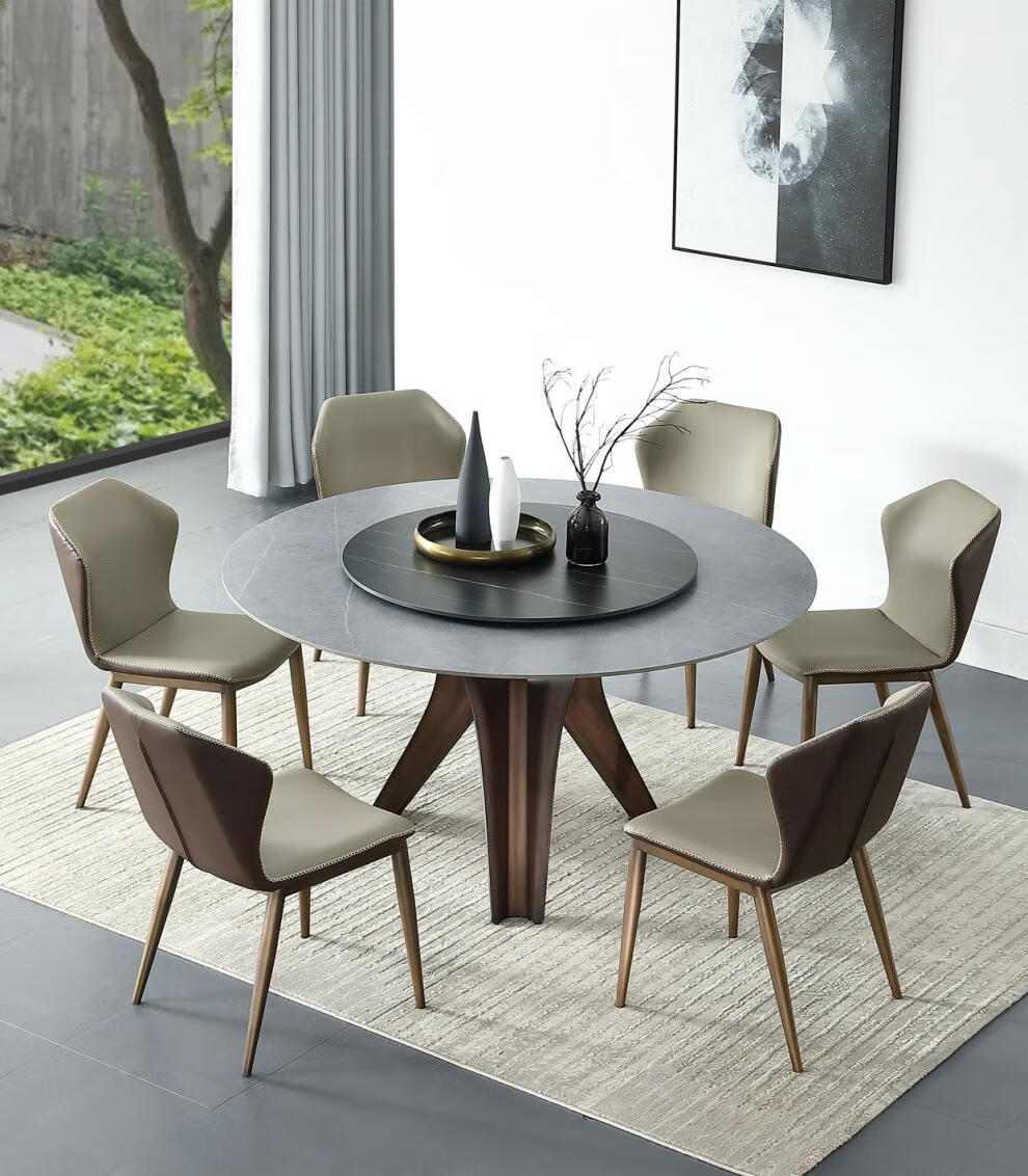 慕斯品质轻奢餐桌椅组合意式岩板家用带转盘圆形高端极简大理石圆桌面