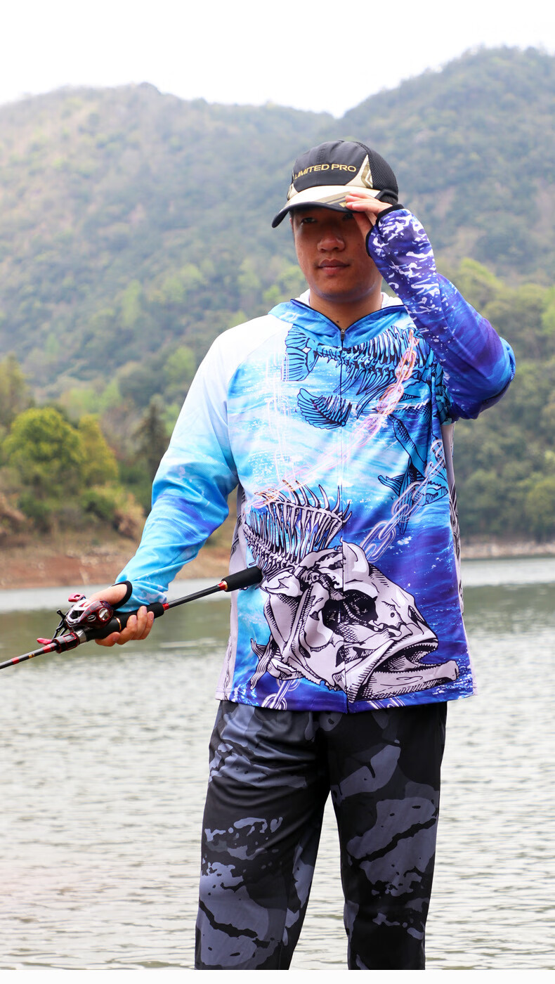 新品皮肤衣男士透气冰丝带帽户外新款长款大码夏季白色百搭款海霸图案