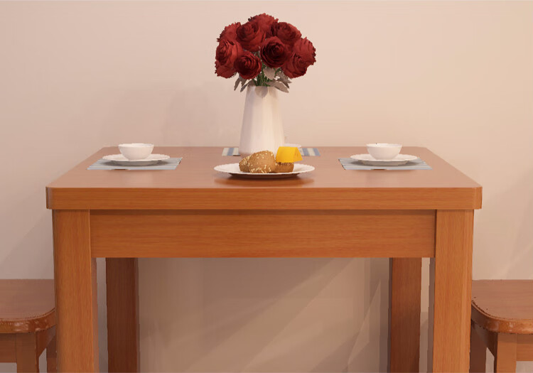 实木餐桌正方形小方桌四方桌4人小户型吃饭桌简约橡胶木 海棠色一桌2