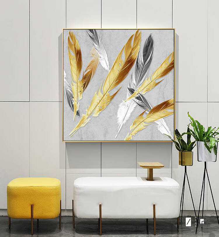 金色羽毛 现代北欧风格装饰画玄关挂画客厅餐厅卧室方形壁画餐厅玄幻