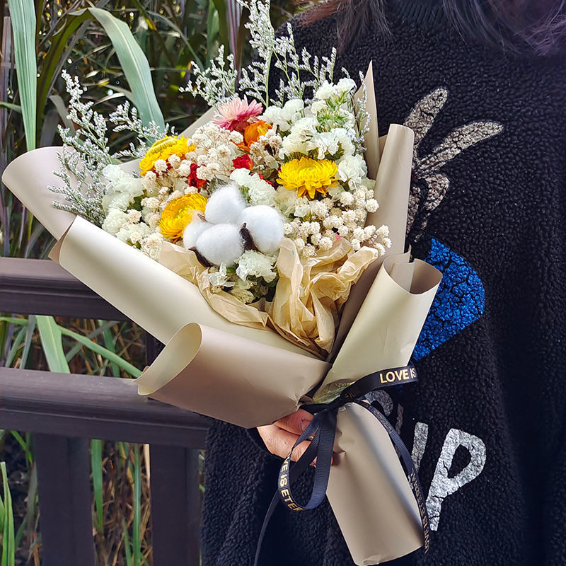 成品手捧干花花束满天星向日葵真花花女生生日礼物女朋友闺蜜橘颂大