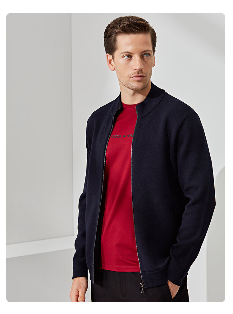 鄂尔多斯emz春秋羊毛衫男士弹力舒适开衫男士毛衣外套深灰4817088a