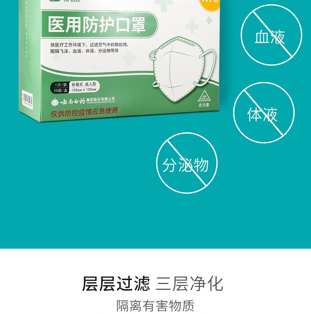 云南白药泰邦防护口罩一次性n95口罩轻薄透气男女通用防尘防柳絮防