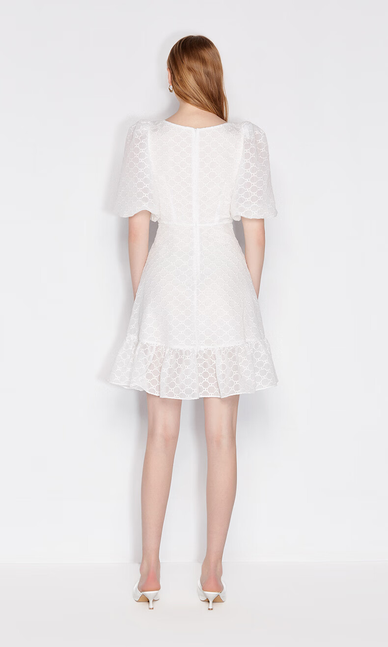 ochirly欧时力刺绣花边灯笼袖a字连衣裙 玫红130 xs【图片 价格 品牌