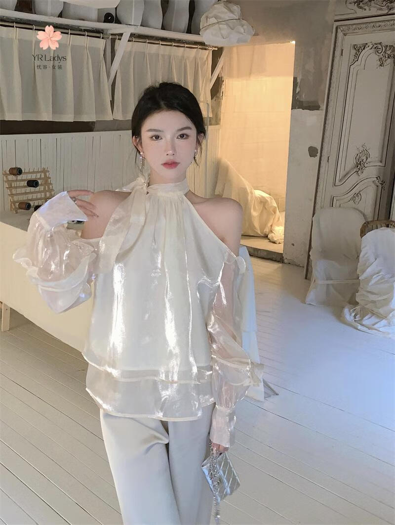 人鱼姬衬衫女夏季设计感小众法式宫廷风温柔露肩气质长袖衬衣上衣忧容