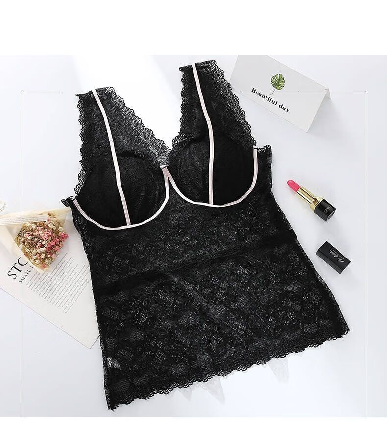 韩版蕾丝抹胸女吊带小背心打底衫内衣带胸垫性感领美背长款外穿黑色