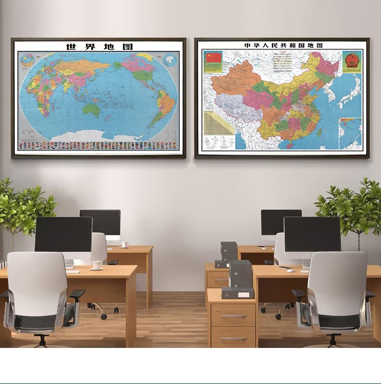 地图挂画2022新版中国地图带框世界挂图复古中英文双语版磁吸可标记