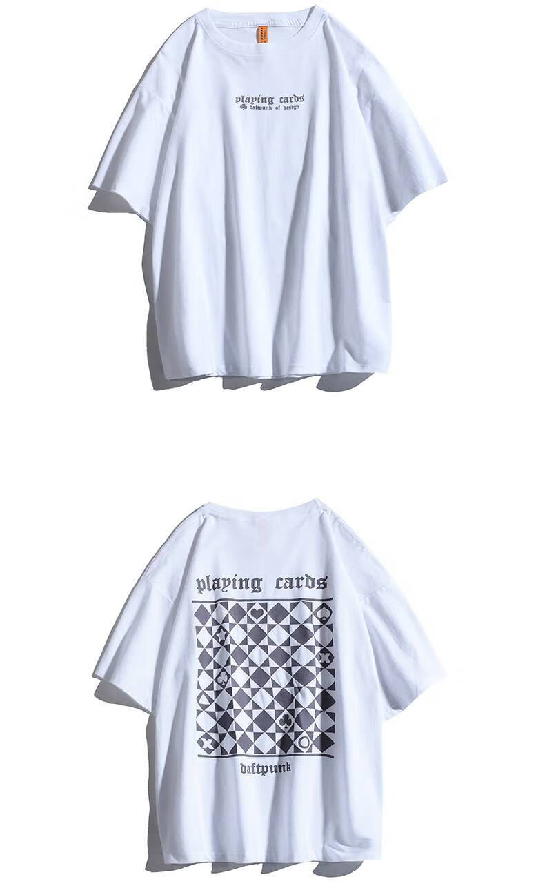 daftpunk疯庞克街头国潮暗黑方块格短袖男t恤嘻哈宽松半袖美式上衣ins