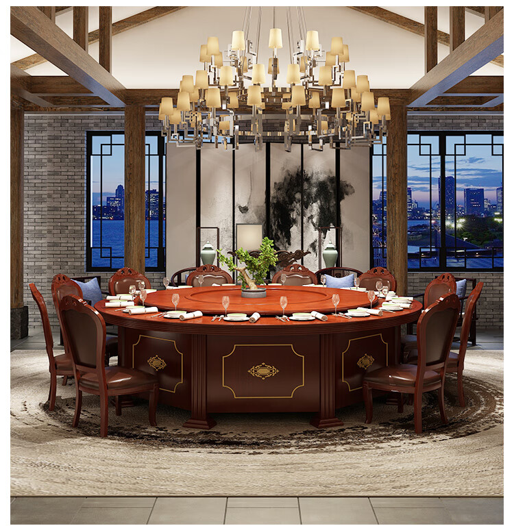 【定制】美依萱酒店电动餐桌大圆桌20人火锅桌带电磁炉饭店实木多层板